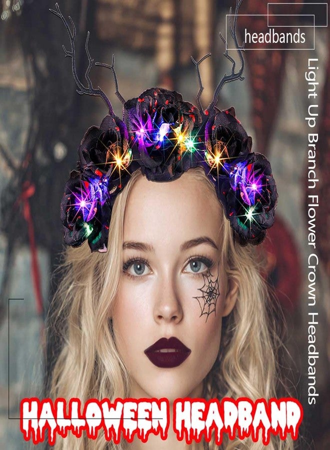 Firuilo Light Up Halloween Headband Rose Flower Crown Headbands Glowing Black Antler Headpieces Halloween Cosplay Hair Accessories for Women - Image 2